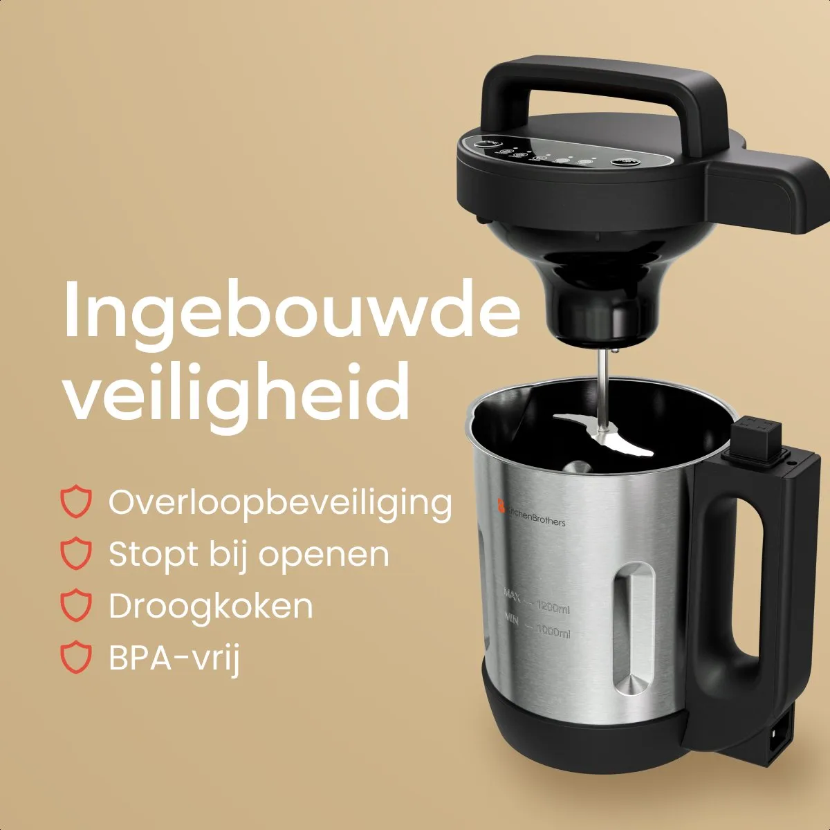KitchenBrothers Soepmaker 1.2L - 5 Programma's 800W - RVS/Zwart