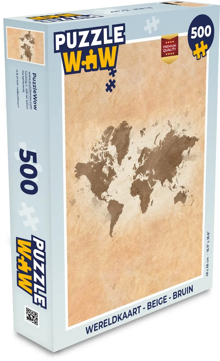 PuzzleWow Wereldkaart Legpuzzel 500 Stuks - Beige/Bruin
