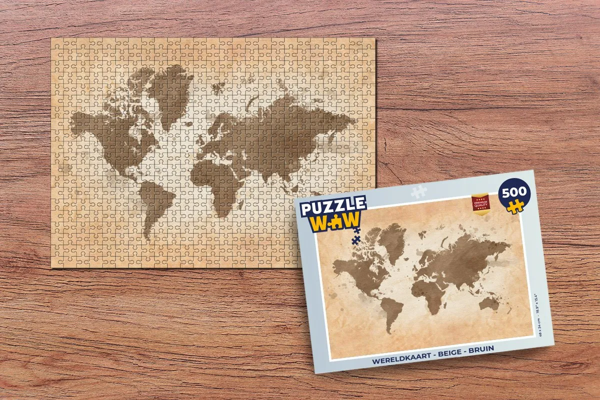 PuzzleWow Wereldkaart Legpuzzel 500 Stuks - Beige/Bruin