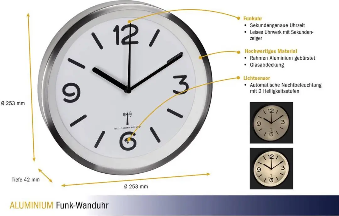 TFA Dostmann 60.3535.02 Wandklok - Radiogestuurd - 25cm - Zilver/Wit - afbeelding 2 van 6