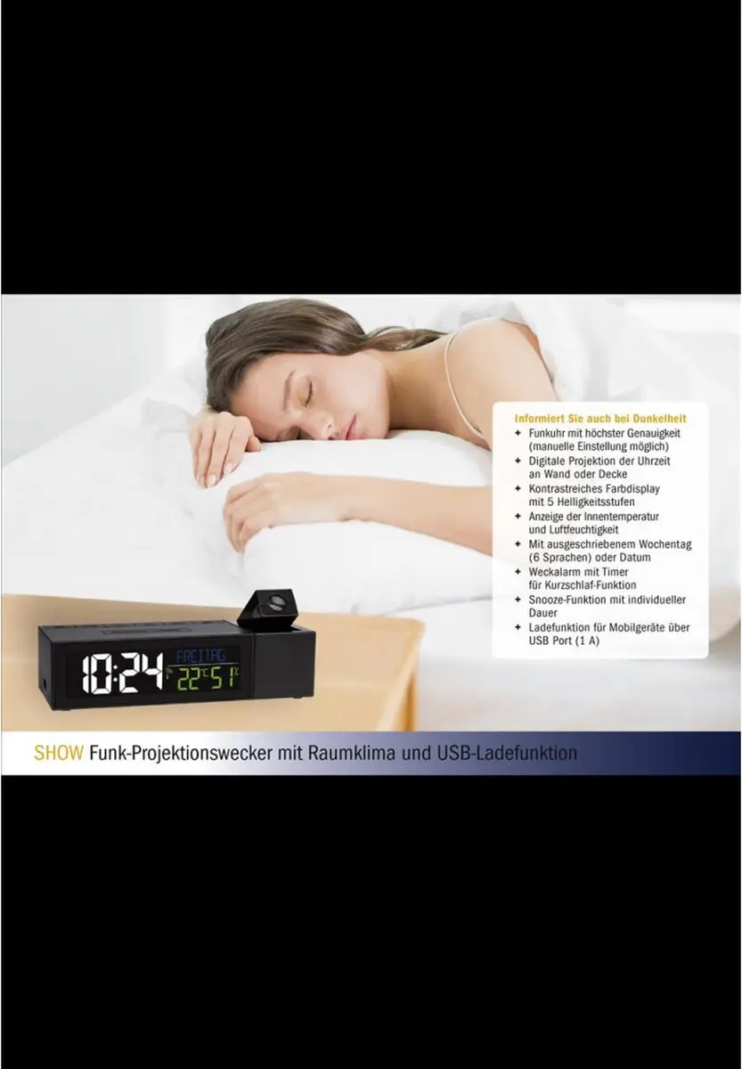 TFA Dostmann Projection Wekker 60.5014.01 - Thermometer - Zwart - afbeelding 5 van 6