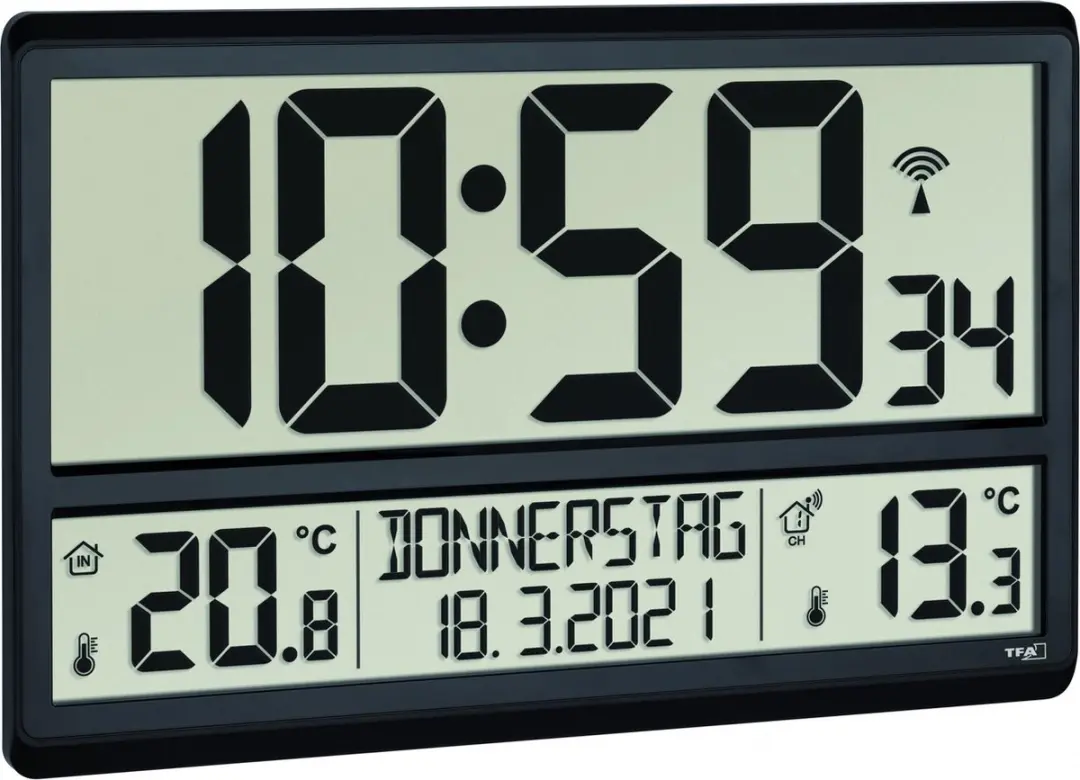 TFA Dostmann Wandklok Zendergestuurd - Zwart - Groot display - afbeelding 2 van 5