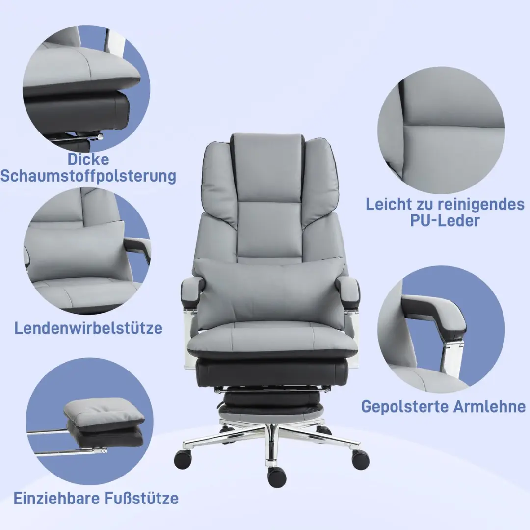 Homcom Bürostuhl Kunstleder - 63x71cm H123-129cm - Grijs - afbeelding 4 van 6