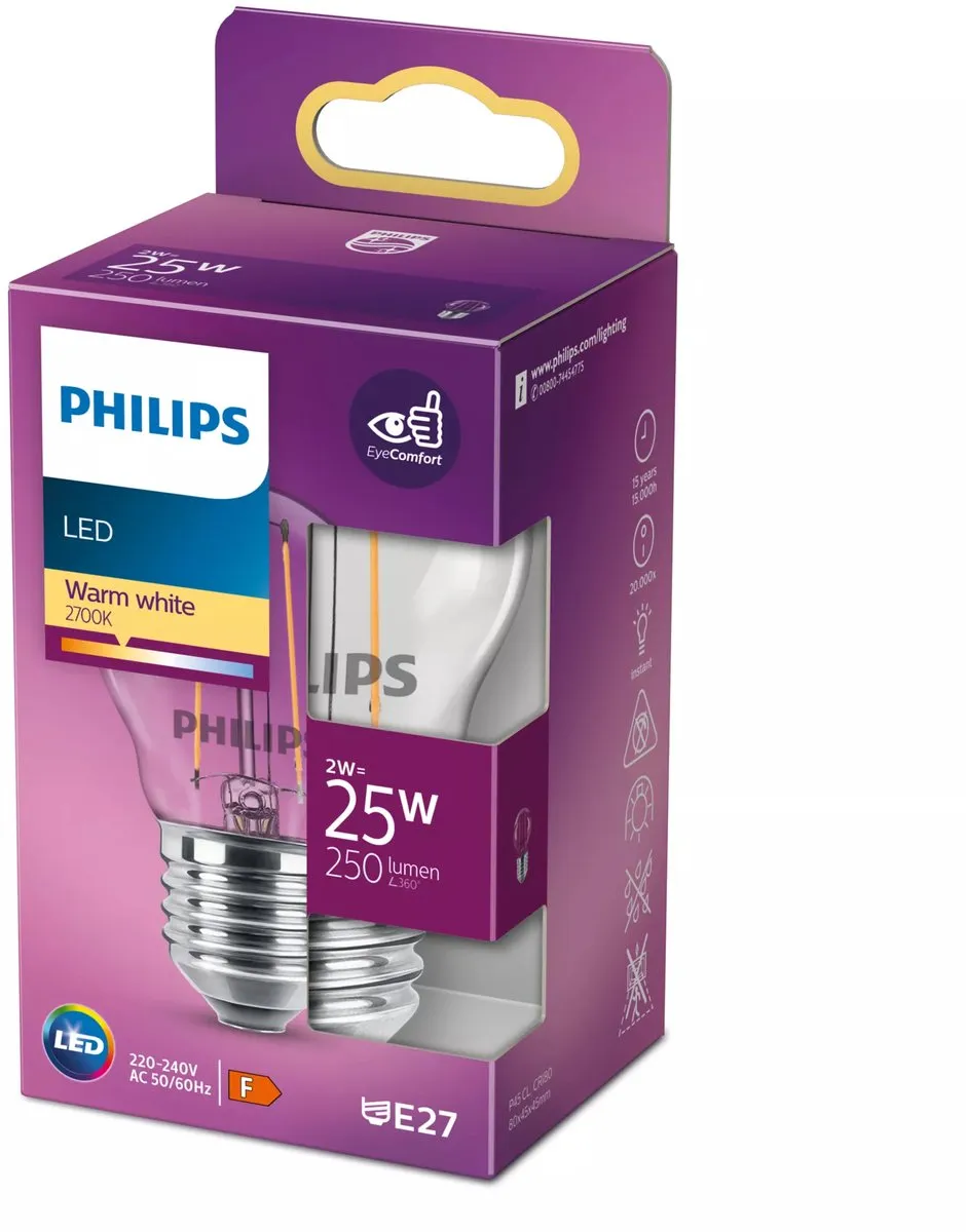 Philips LED Kogellamp E27 2700K Warmwit - Helder glas