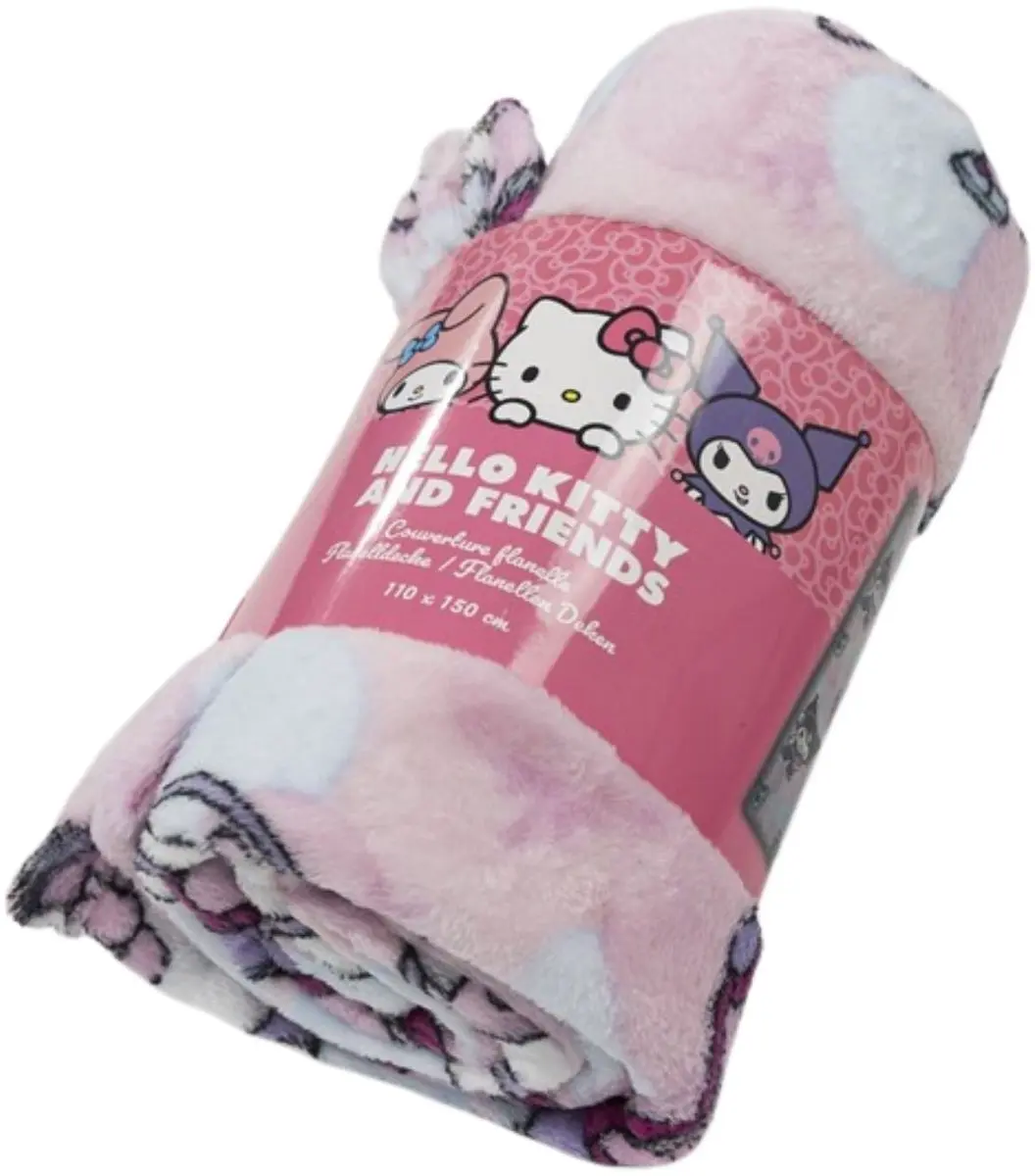 Hello Kitty Fleece Deken 110x150cm - Blauw/Zwart/Wit/Roze - afbeelding 3 van 3