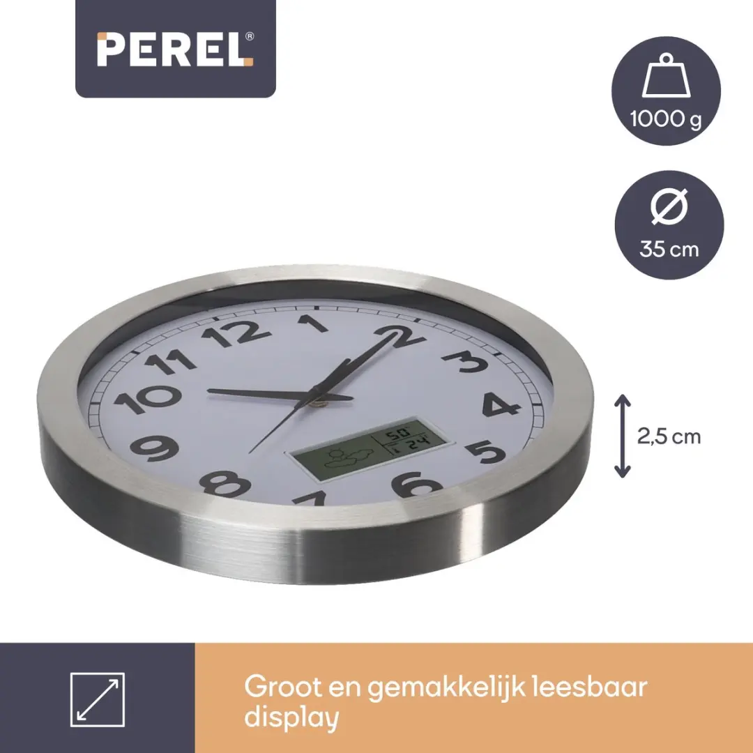 Perel Wandklok 35cm - Analoog met LCD temperatuur/luchtvochtigheid - Zilver - afbeelding 4 van 6
