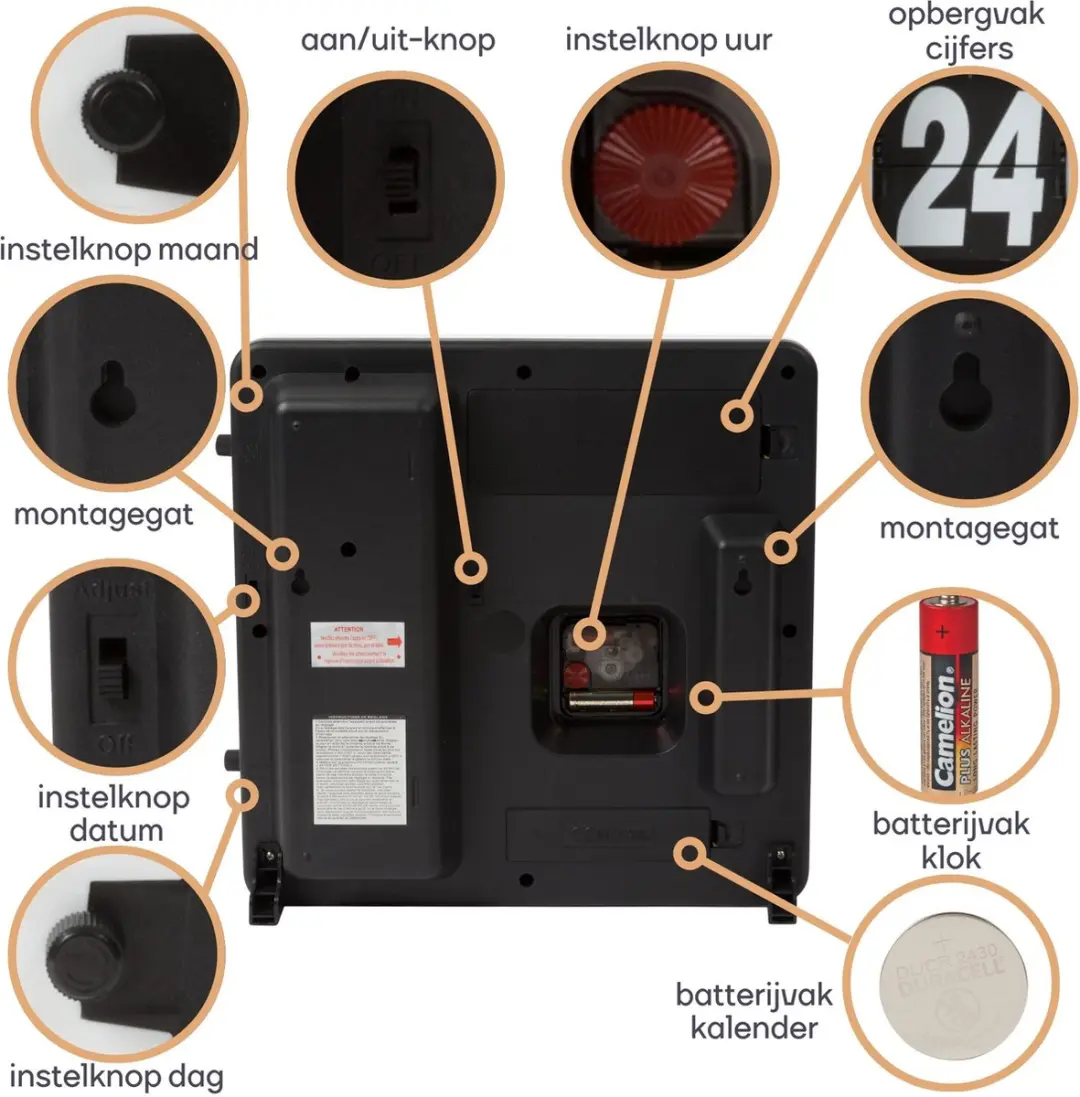 Perel Analoge Kalenderklok 31x31cm - NL Dag/Datum - Wit/Zwart - afbeelding 4 van 6