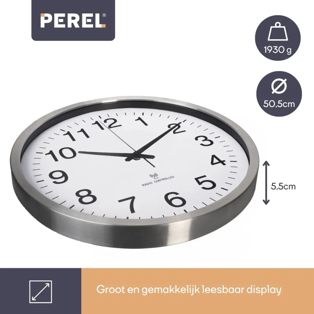 Perel Wandklok 50cm Analoog - DCF Synchronisatie - Zilver - afbeelding 6 van 6