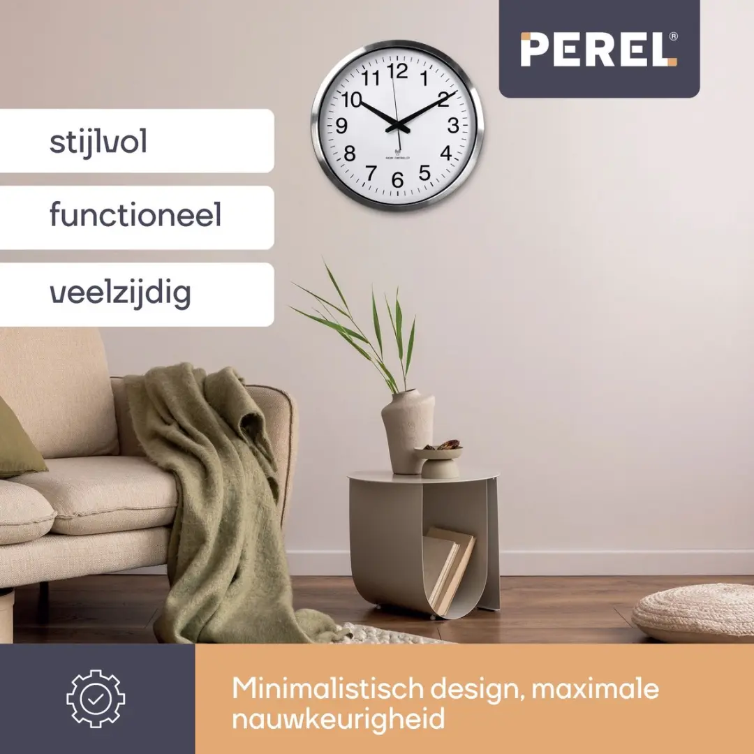 Perel Wandklok 50cm Analoog - DCF Synchronisatie - Zilver - afbeelding 2 van 6