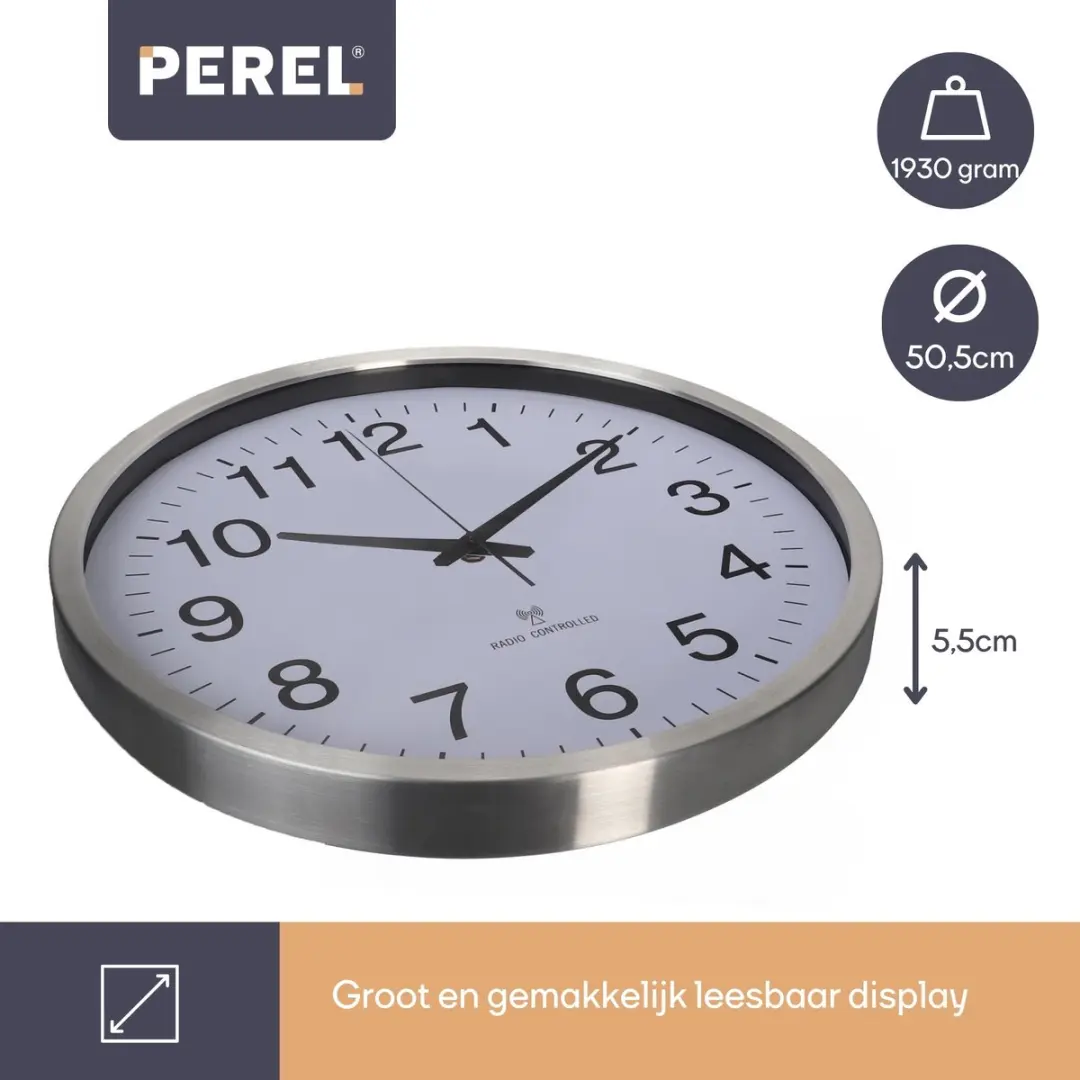 Perel Wandklok 50cm Analoog - DCF Synchronisatie - Zilver - afbeelding 5 van 6