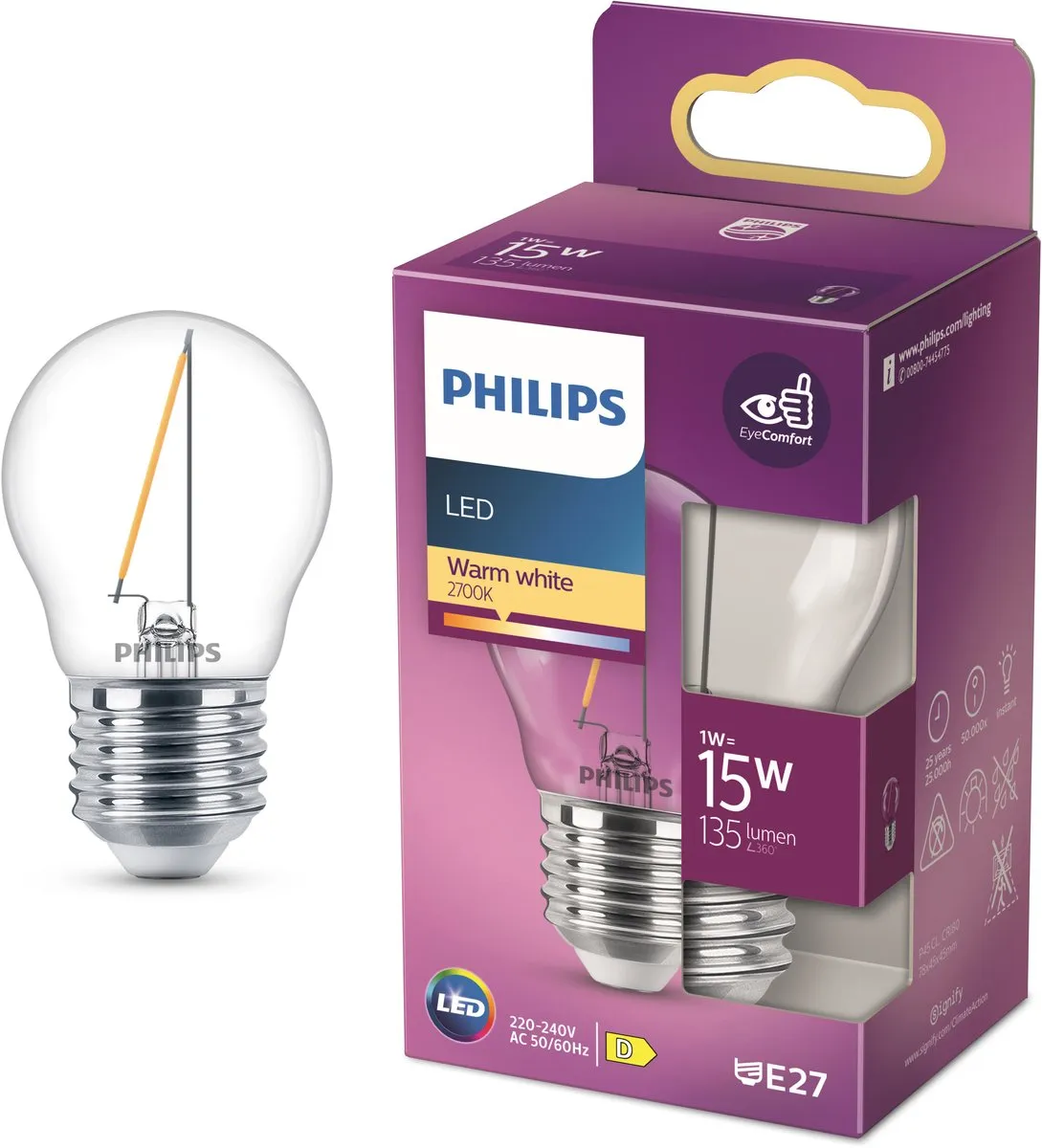 Philips LED Kogellamp E27 15W Warmwit - Helder glas