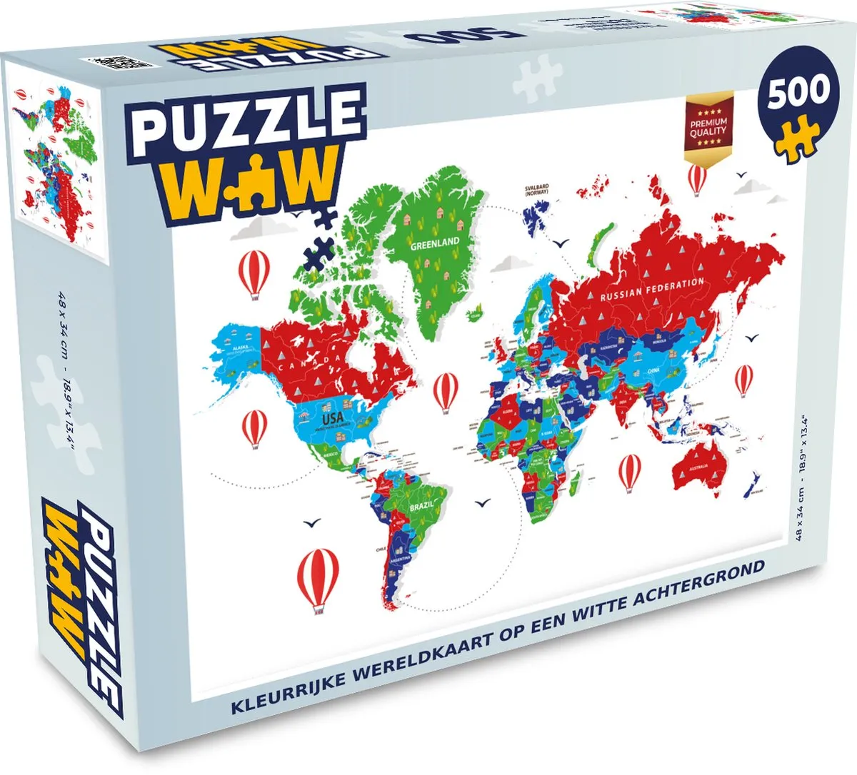 PuzzleWow Wereldkaart Luchtballon Legpuzzel 500 Stuks - Multicolor