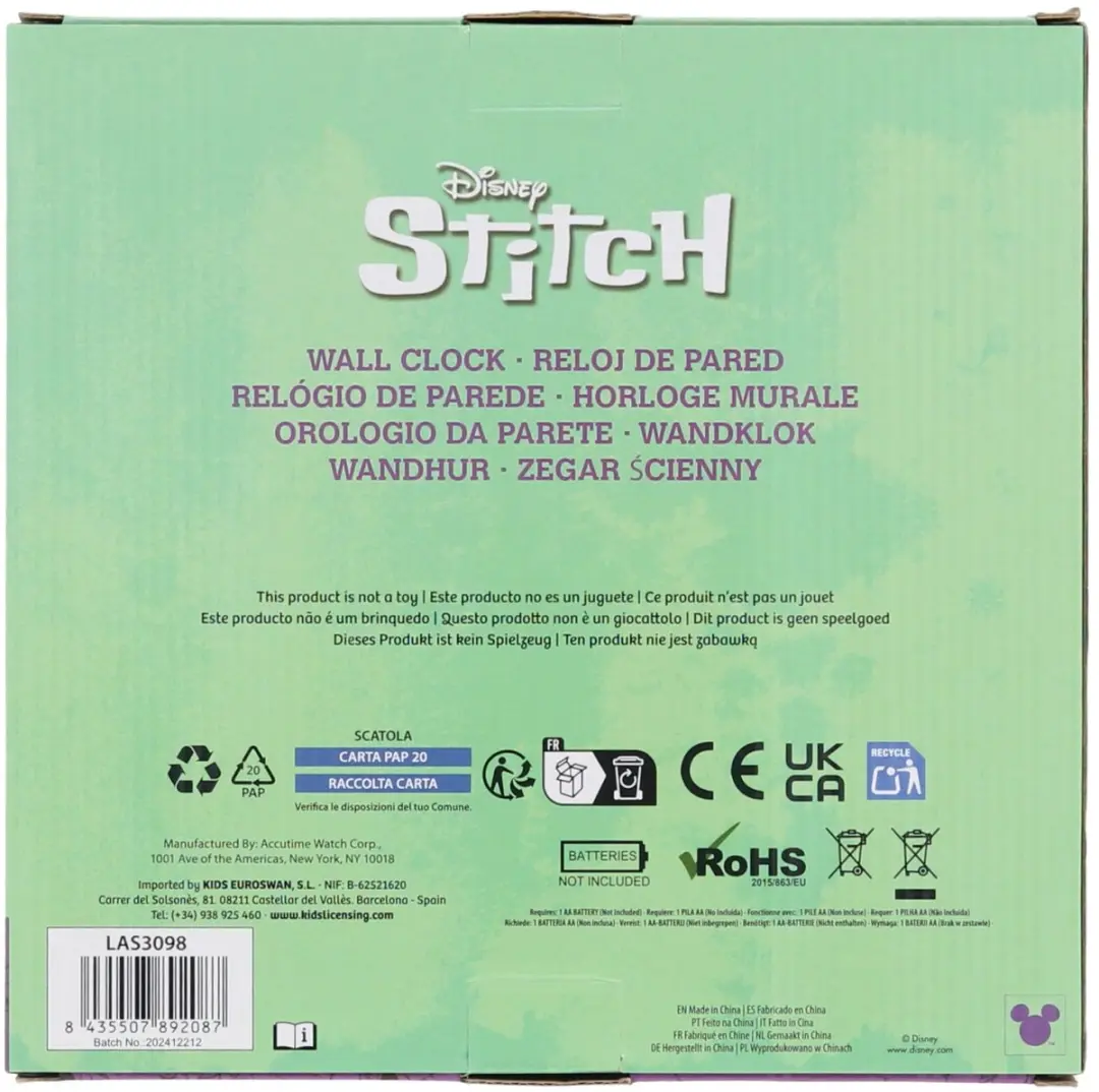 Lilo & Stitch Wandklok 24cm - Paars/ Groen - afbeelding 5 van 6