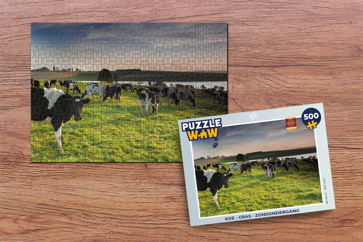 PuzzleWow Koe Gras Zonsondergang Legpuzzel 500 Stuks - Multicolor