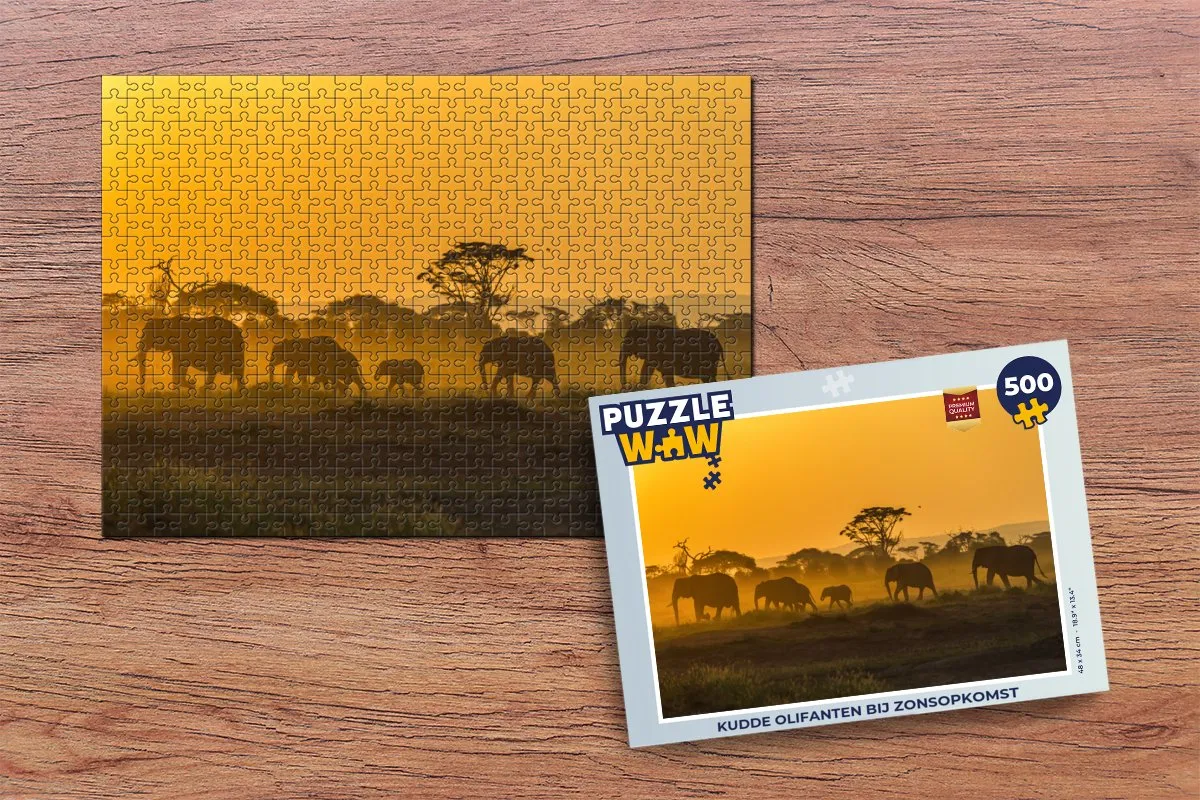 PuzzleWow Kudde Olifanten Zonsopgang Legpuzzel 500 Stuks - Multicolor