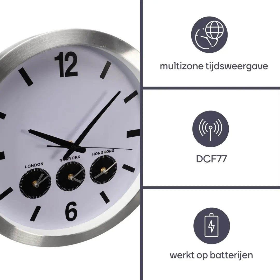 Perel Analoge Wereldklok 45,5cm - DCF Synchronisatie - Wit - afbeelding 3 van 6
