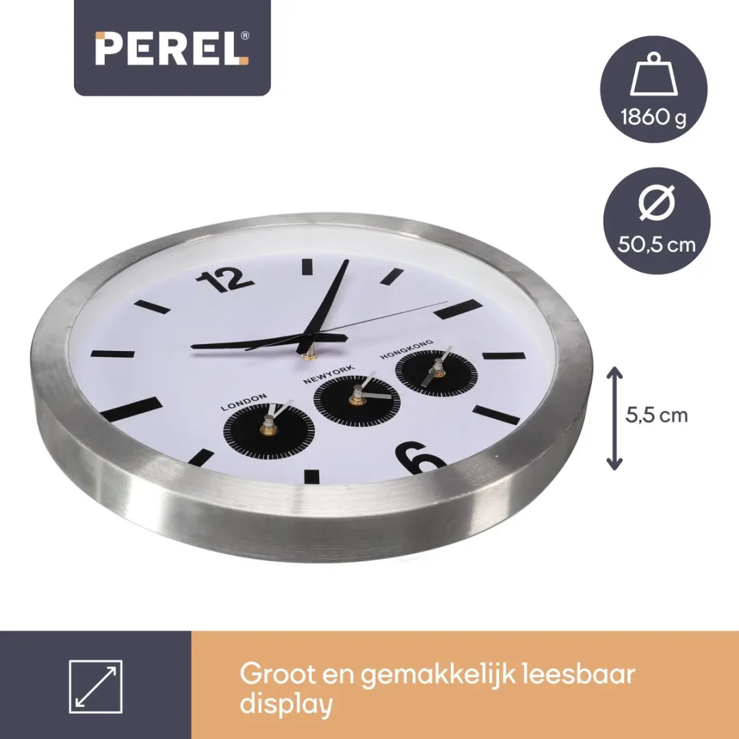 Perel Analoge Wereldklok 45,5cm - DCF Synchronisatie - Wit - afbeelding 2 van 6