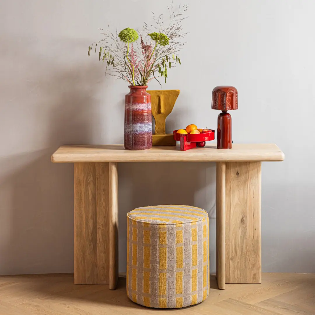 WOOOD Sarli Poef 46x46x46 - Taupe/Geel - afbeelding 2 van 4