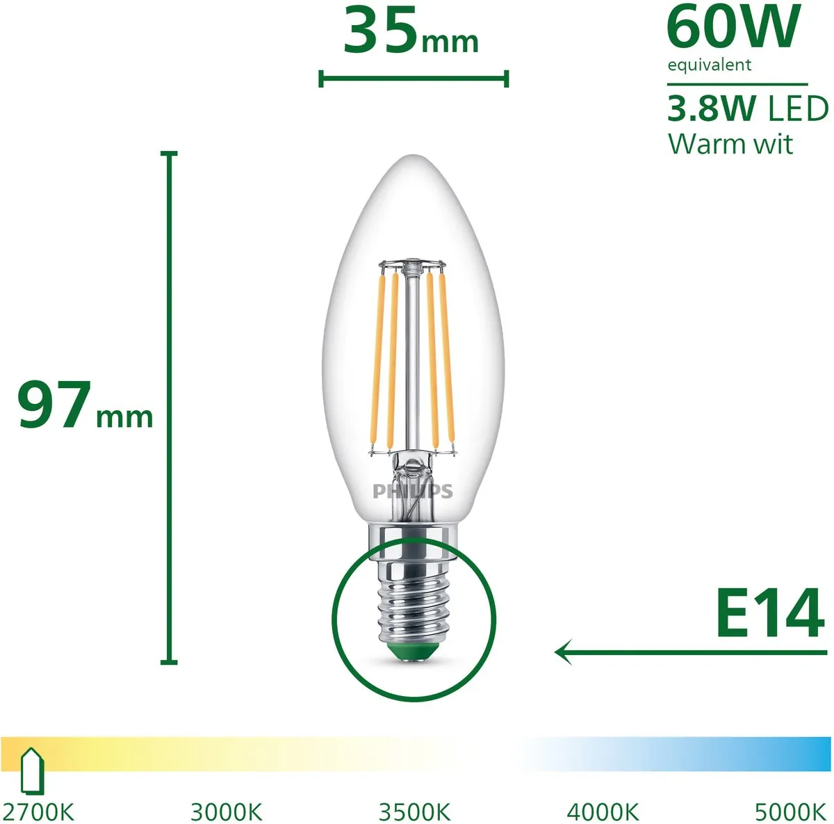 Philips UltraEfficient LED Kaarslamp E14 3.8W Warmwit