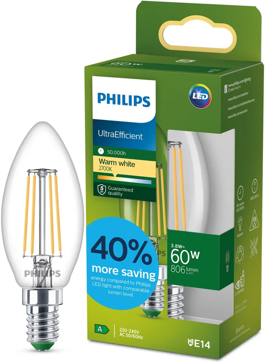 Philips UltraEfficient LED Kaarslamp E14 3.8W Warmwit