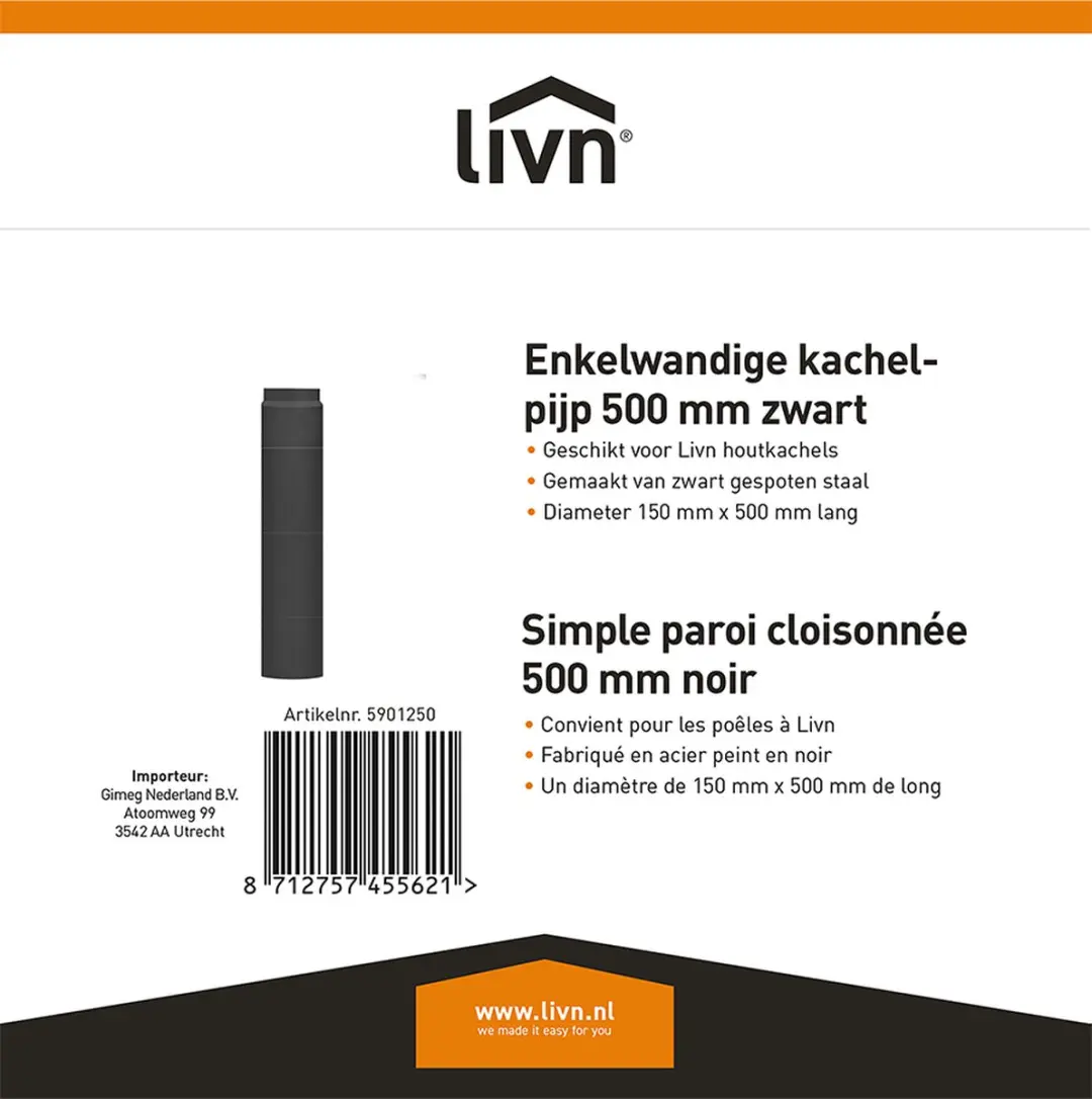 Cosi Livin' Flame Kachelpijp Recht 50cm - Zwart - afbeelding 2 van 3