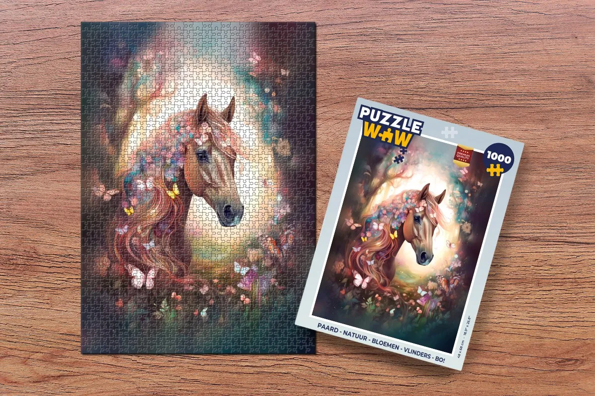 PuzzleWow Paard Natuur Bloemen Vlinders Bos Legpuzzel 1000 Stuks - Multicolor