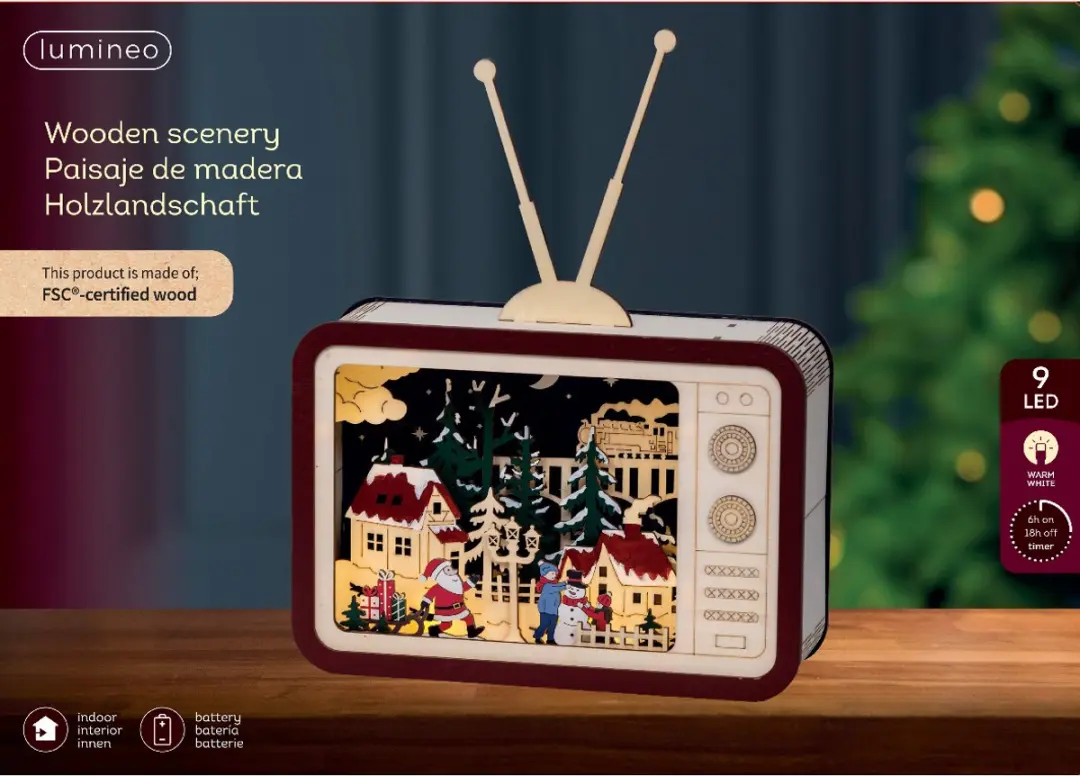 Lumineo Retro Kerstdecor TV-vorm Warm Wit LED - 33,5cm - FSC-hout - afbeelding 2 van 3