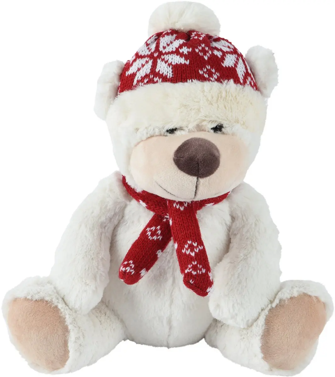 Decoris Kerstbeer Zittend Wit met Rode Sjaal en Muts