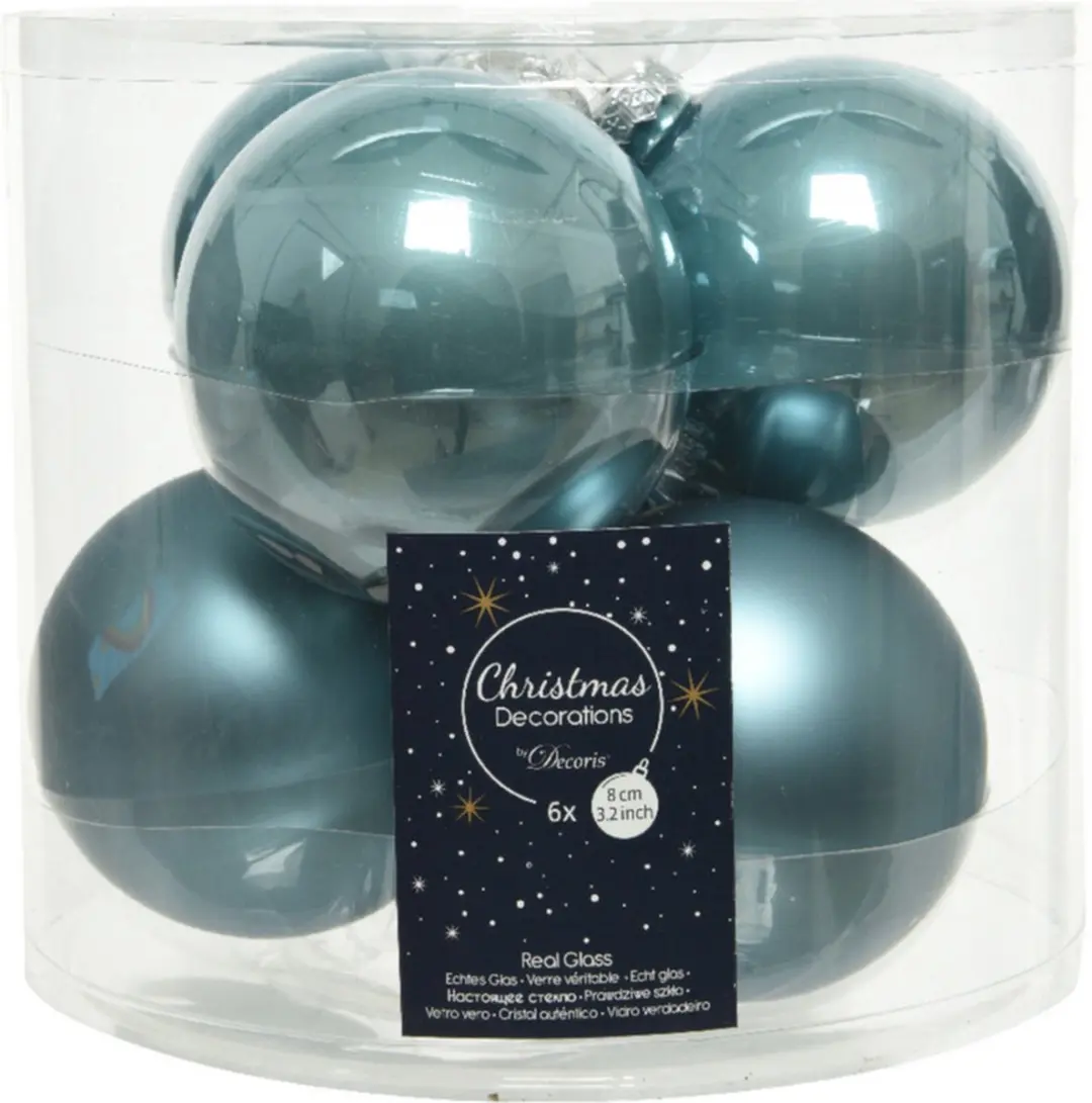 6x stuks kerstballen ijsblauw (blue dawn) van glas 8 cm
