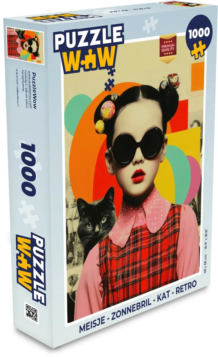 PuzzleWow Meisje Zonnebril Kat Retro Puzzle - 1000 Stukjes