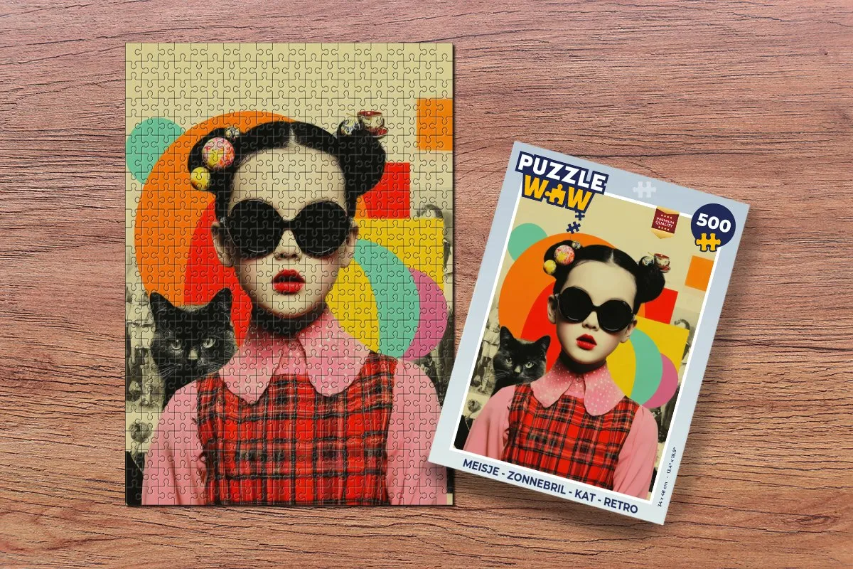 PuzzleWow Meisje Zonnebril Kat Retro Puzzle - 1000 Stukjes