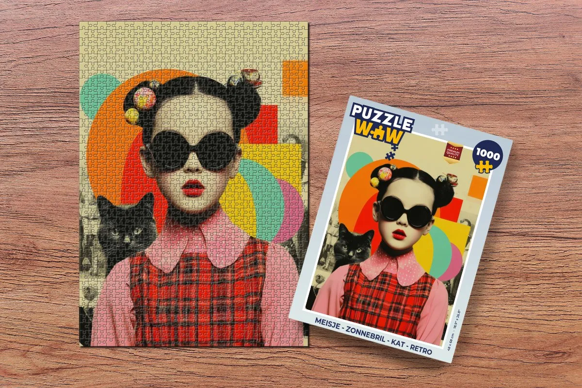 PuzzleWow Meisje Zonnebril Kat Retro Puzzle - 1000 Stukjes