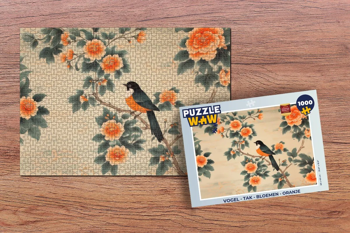 PuzzleWow Vogel Tak Bloemen Legpuzzel 1000 Stuks - Oranje