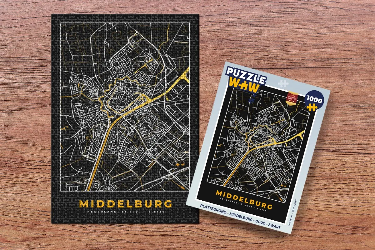 PuzzleWow Plattegrond Middelburg Legpuzzel 1000 Stuks - Goud/Zwart