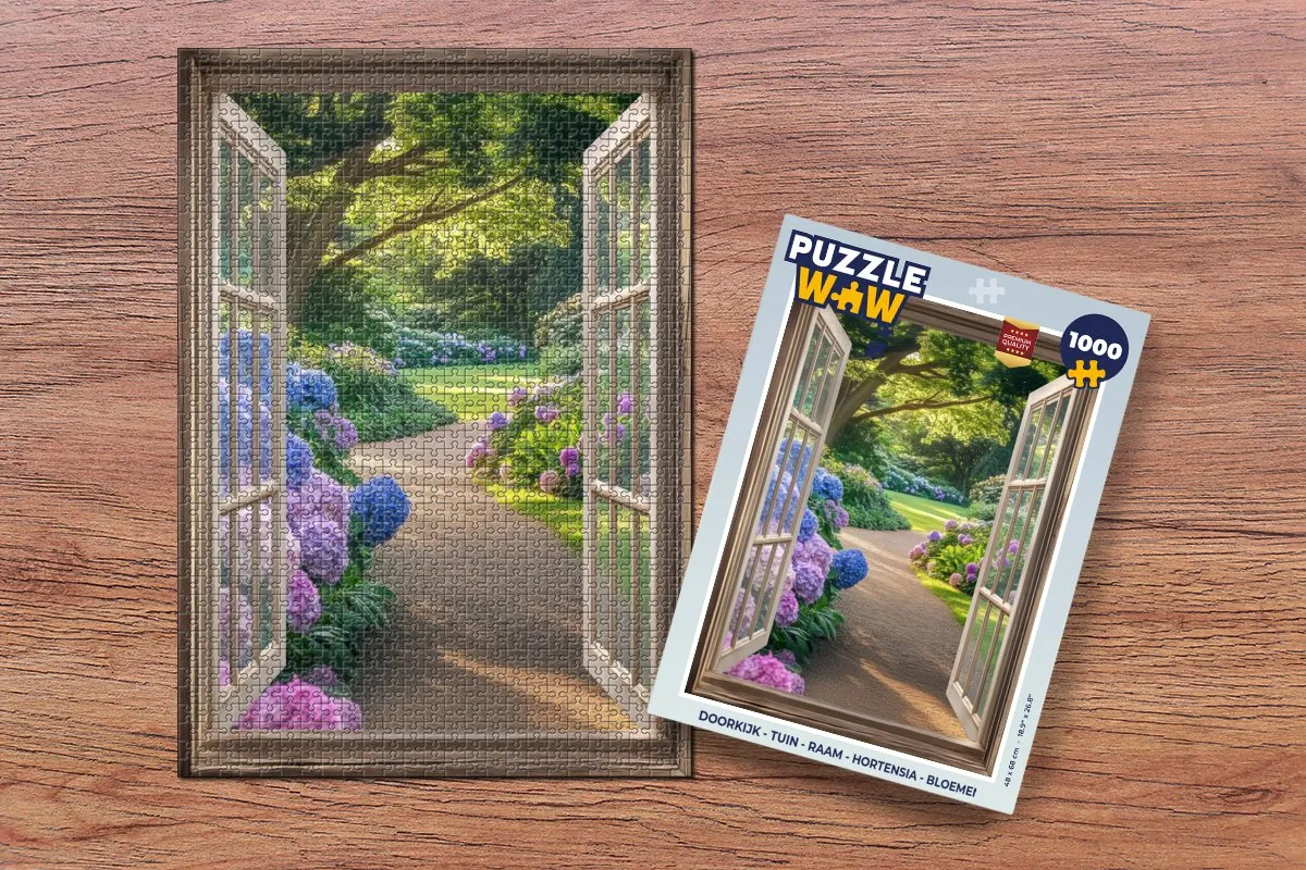 PuzzleWow Doorkijk Puzzel 1000 Stuks - Hortensia Tuin