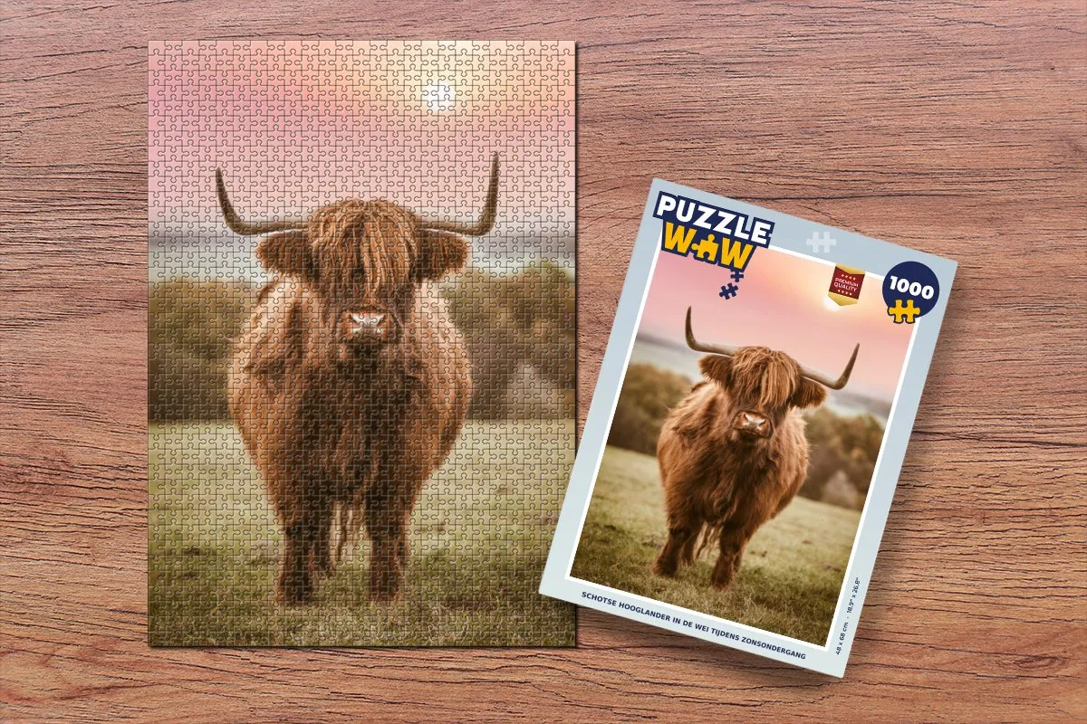 PuzzleWow Zonsondergang Schotse Hooglander Legpuzzel 1000 Stuks - Multicolor