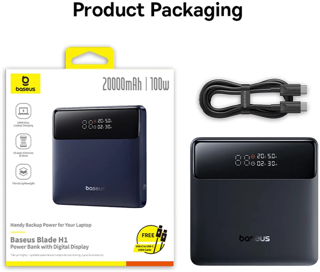 Baseus Blade H1 Serie Powerbank 20000mAh 100W - Zwart - afbeelding 2 van 6