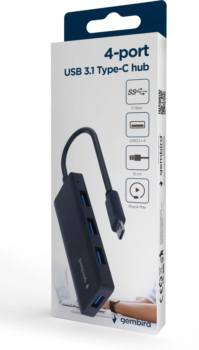 Gembird USB-C Hub UHB-CM-U3P4-02 - 4x USB-A 3.2 Gen 1 - 15cm - Zwart - afbeelding 2 van 4