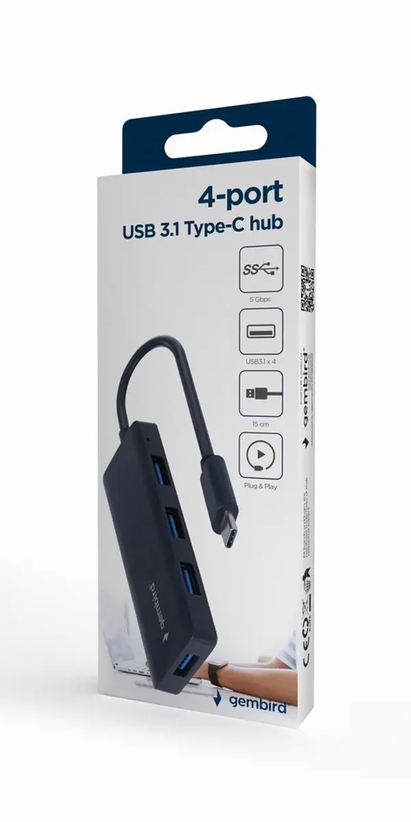 Gembird USB-C Hub UHB-CM-U3P4-02 - 4x USB-A 3.2 Gen 1 - 15cm - Zwart - afbeelding 3 van 4