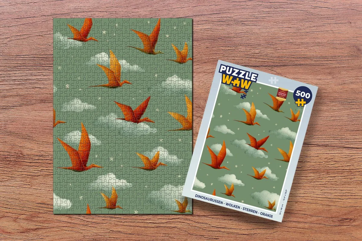 PuzzleWow Dinosaurussen Wolken Sterren Legpuzzel 500 Stuks - Oranje