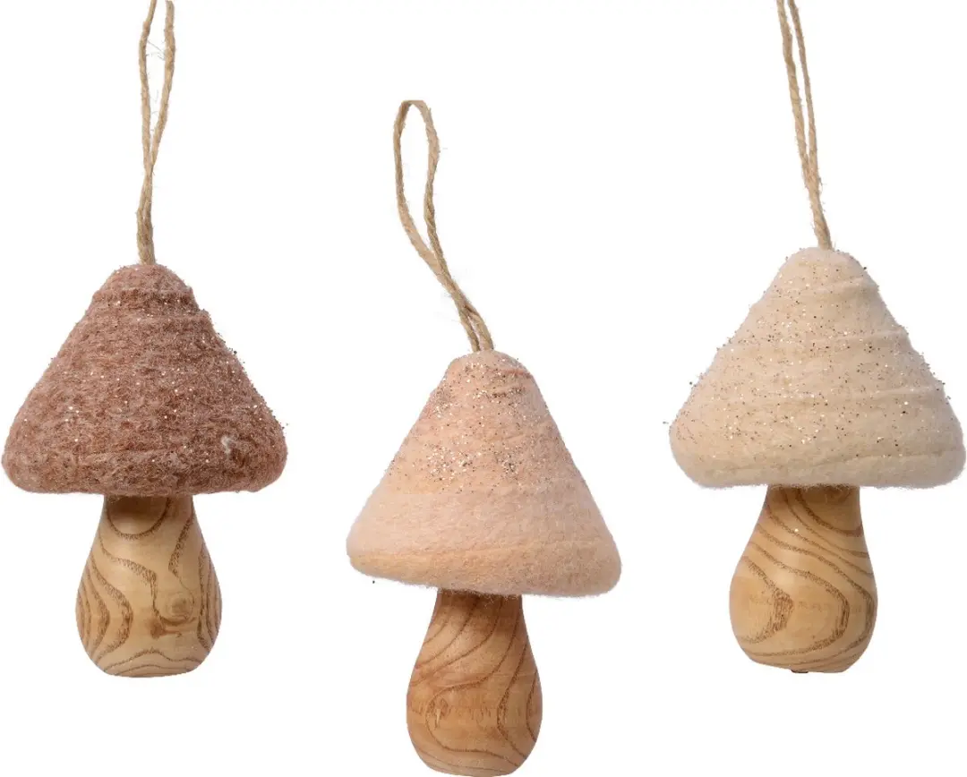 Decoris hangdeco Paddenstoel hout met wol en glitters