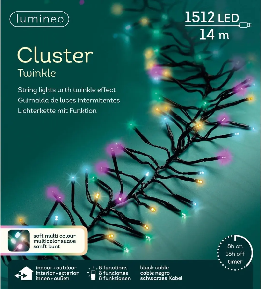 Lumineo LED Cluster L1350 Kerstverlichting - 1512 Lichtpunten - Zwart/Snoer Multicolor