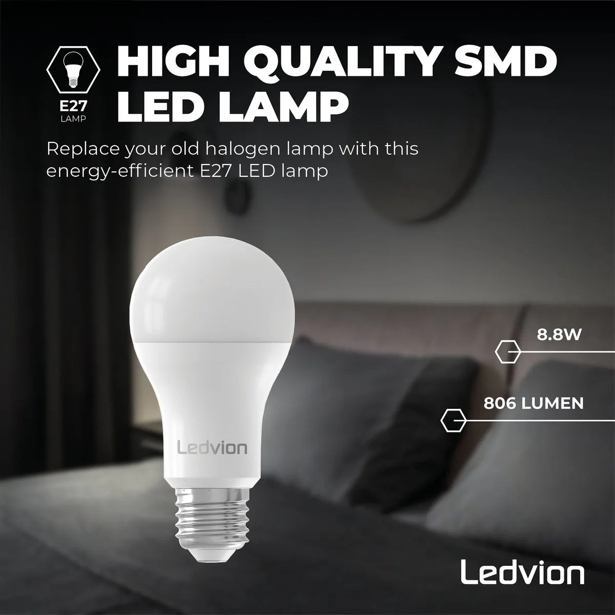 Ledvion E27 LED Lamp Dimbaar 8.8W 4000K - 10 Stuks - Mat - afbeelding 6 van 6