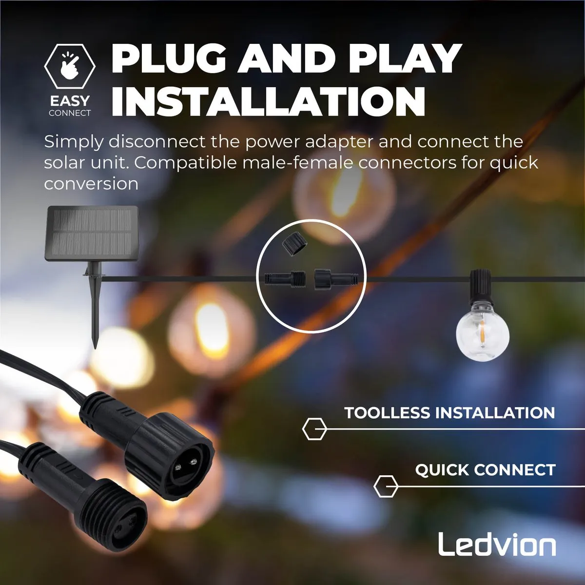 LEDVION Solar Lichtsnoer 5.5M 50 LED IP44 - Warm wit - afbeelding 6 van 6