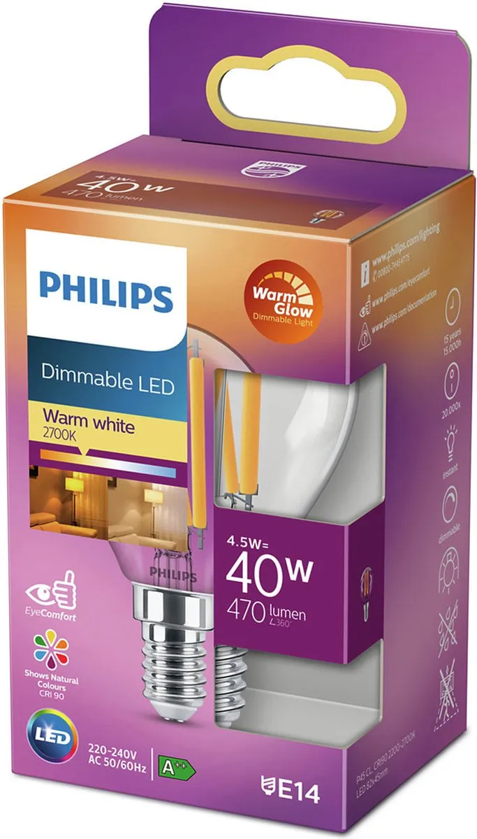 Philips LED C4 P45 4.5W E14 Warm Wit