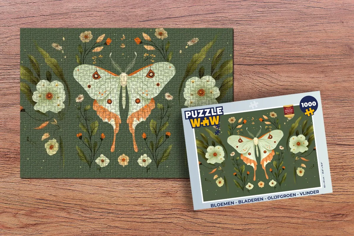 PuzzleWow Bloemen & Bladeren Legpuzzel 1000 Stuks - Olijfgroen/Vlinder