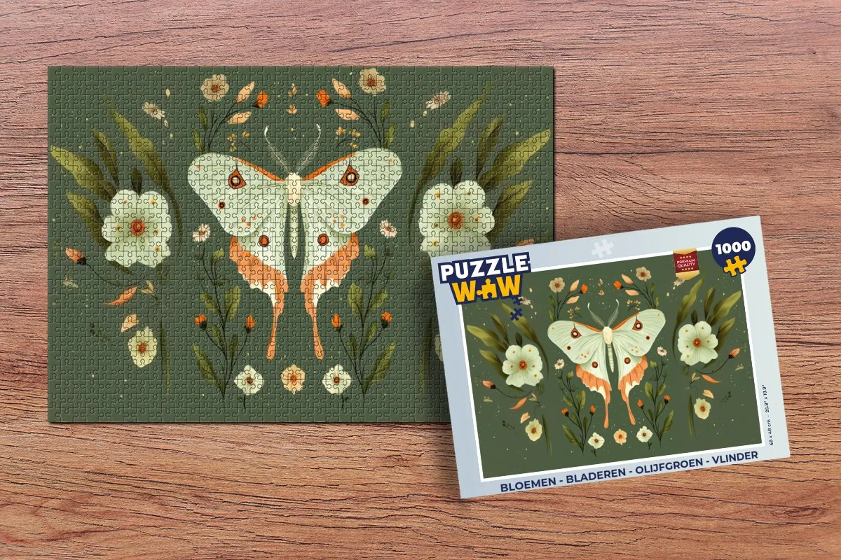 PuzzleWow Bloemen & Bladeren Legpuzzel 1000 Stuks - Olijfgroen/Vlinder