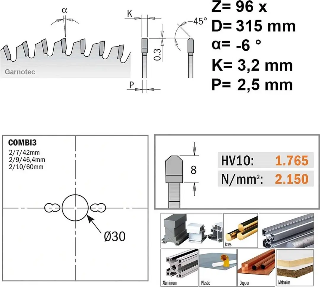 CMT Cirkelzaagblad HW 315x30x3,2 Z96 Aluminium/Composiet - afbeelding 2 van 3