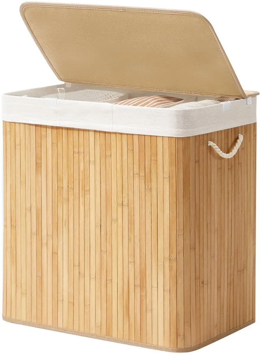 SONGMICS - Wasmand - Wassorteerder - 3 Vakken - 150L Opvouwbare Bamboe Wasbox - Uitneembare Waszak