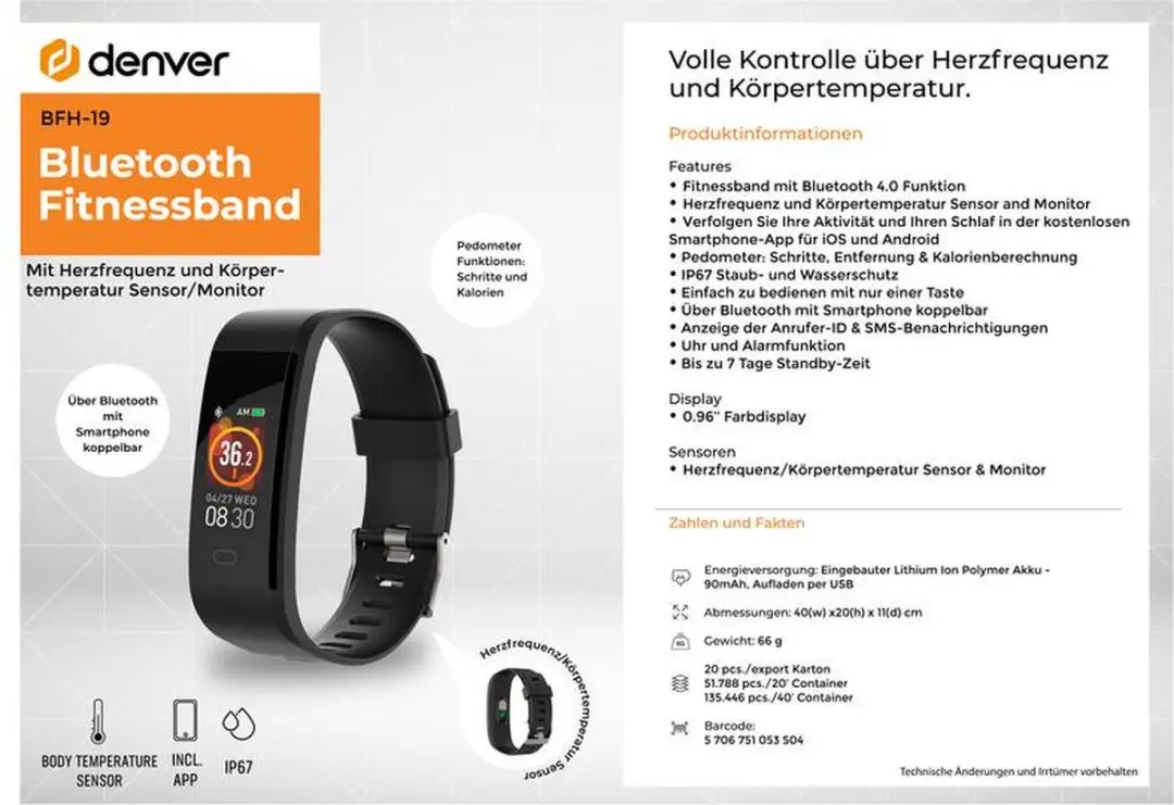 Denver BFH-19 Activity Tracker - Hartslagmeter & Stappenteller - IP67 Zwart - afbeelding 3 van 6